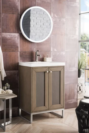 Chianti 24" Single Vanity, Whitewashed Walnut, Brushed Nickel, w/ White Glossy Composite Stone Top - Image 3