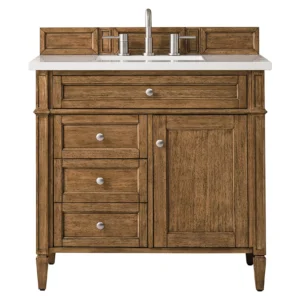 Brittany 36″ Single Vanity, Saddle Brown w/ 3 CM White Zeus Quartz Top