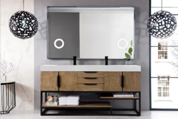 Columbia 72" Double Vanity, Latte Oak, Matte Black w/ Glossy White Composite Stone Top - Image 2
