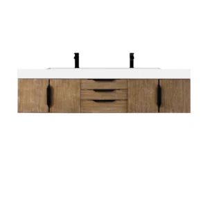 Mercer Island 72″ Double Vanity,  Latte Oak, Matte Black w/ Glossy White Composite Stone Top