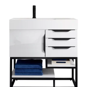 Columbia 36″ Single Vanity, Glossy White, Matte Black w/ Glossy White Composite Stone Top
