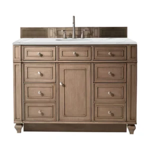 Bristol 48″ Single Vanity, Whitewashed Walnut w/ 3 CM Ethereal Noctis Quartz Top
