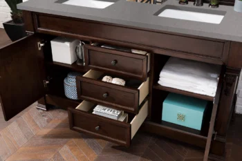 Brookfield 60" Double Vanity, Burnished Mahogany w/ 3 CM Grey Expo Quartz Top - Image 4