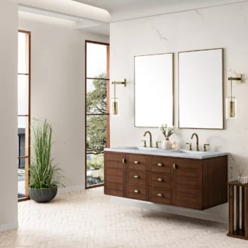 Amberly 60" Double Vanity, Mid-Century Walnut w/ 3 CM Arctic Fall Top - Image 6