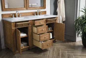 Bristol 60" Double Vanity, Saddle Brown w/ 3 CM Eternal Jasmine Pearl Quartz Top - Image 4