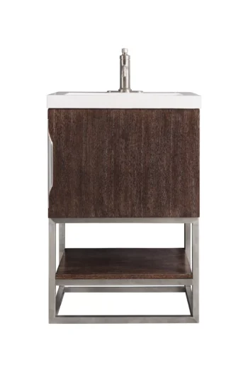 Columbia 24" Single Vanity, Coffee Oak, Brushed Nickel w/ White Glossy Composite Stone Top