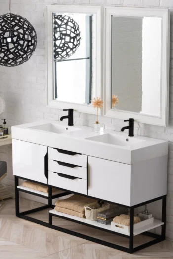 Columbia 59" Double Vanity, Glossy White, Matte Black w/ Glossy White Composite Stone Top - Image 3