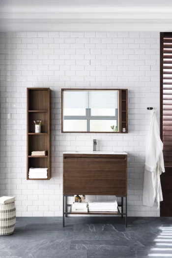 Mantova 31.5" Single Vanity, Mid-Century Walnut, Matte Black Base w/ Glossy White Composite Stone Top - Image 2