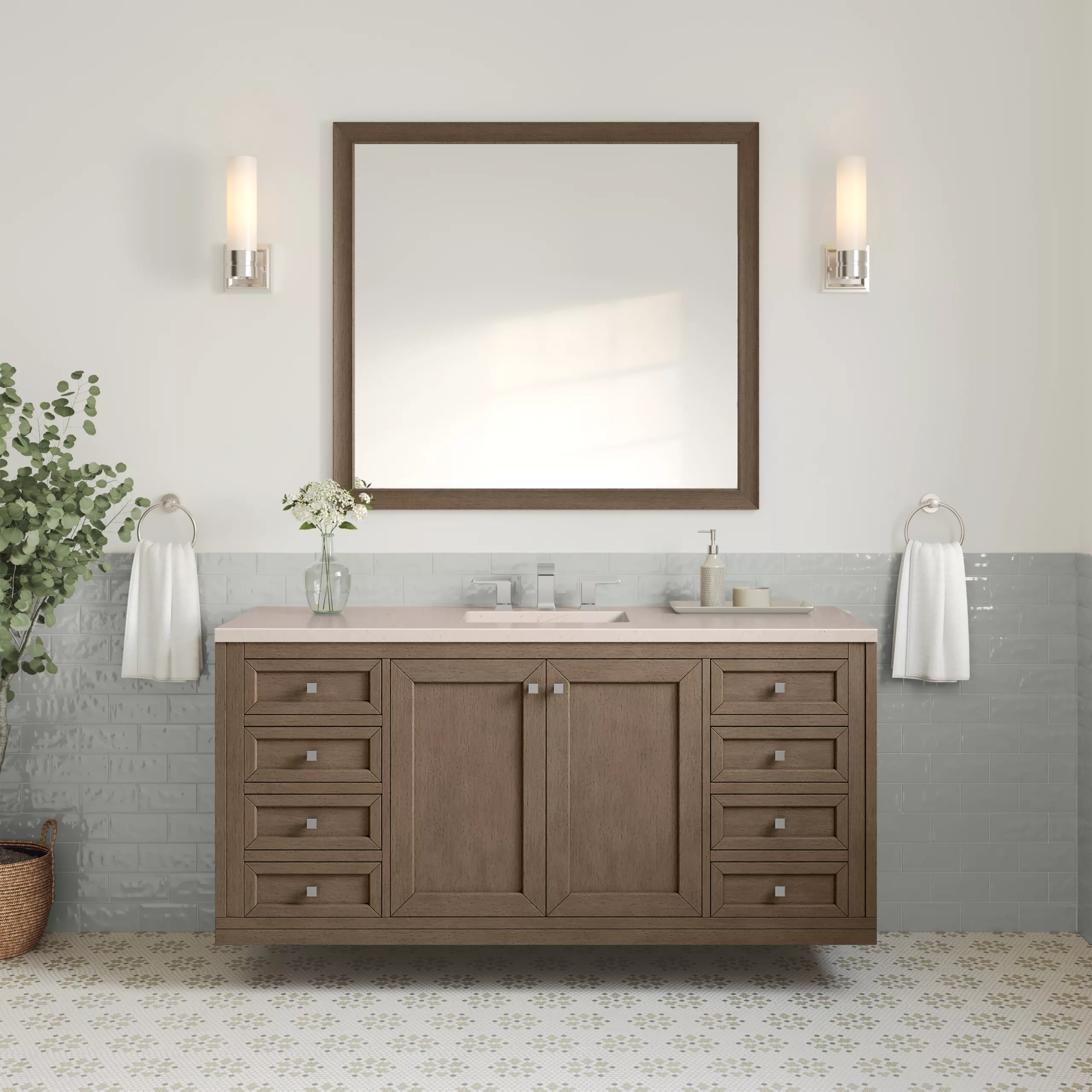 Chicago 60" Single Vanity, Whitewashed Walnut w/ 3 CM Eternal Marfil Quartz Top - Image 2