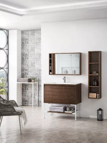 Milan 35.4" Single Vanity, Mid-Century Walnut, Glossy White w/ Glossy White Composite Stone Top - Image 3