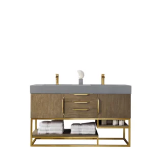 Columbia 59″ Double Vanity, Latte Oak, Radiant Gold w/ Dusk Grey Glossy Composite Stone Top