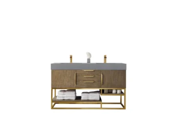 Columbia 59" Double Vanity, Latte Oak, Radiant Gold w/ Dusk Grey Glossy Composite Stone Top