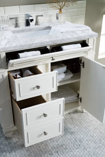 Bristol 36" Single Vanity, Bright White w/ 3 CM Carrara Marble Top - Image 4