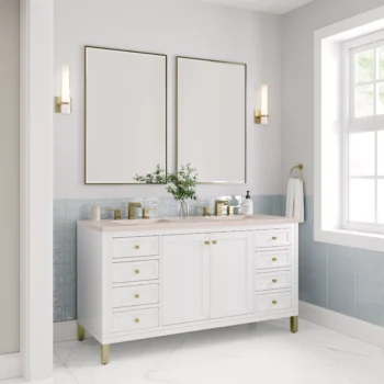 Chicago 60" Double Vanity, Glossy White w/ 3 CM Eternal Marfil Top - Image 3