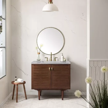 Amberly 36" Single Vanity, Mid-Century Walnut w/ 3 CM Eternal Jasmine Pearl Top - Image 3
