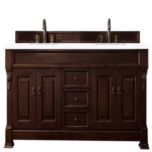 Brookfield 72″ Double Vanity, Burnished Mahogany w/ 3 CM White Zeus Quartz Top