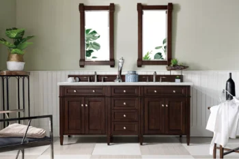 Brittany 72" Double Vanity, Burnished Mahogany w/ 3 CM Eternal Jasmine Pearl Quartz Top - Image 2