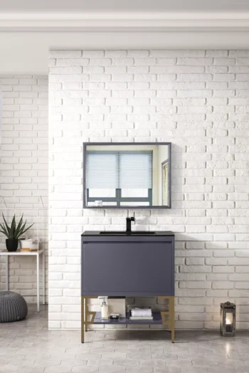 Milan 31.5" Single Vanity, Modern Gray Glossy, Radiant Gold w/ Charcoal Black Composite Stone Top - Image 2