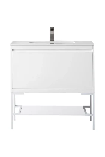 Milan 35.4" Single Vanity, Glossy White, Glossy White w/ Glossy White Composite Stone Top