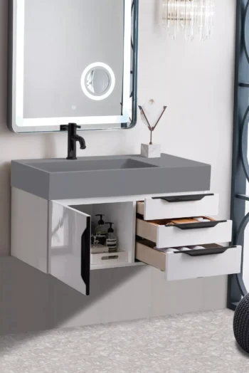 Mercer Island 36" Single Vanity, Glossy White, Matte Black w/ Dusk Grey Glossy Composite Stone Top - Image 4