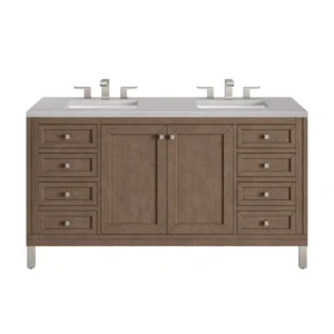 Chicago 60″ Double Vanity, Whitewashed Walnut w/ 3 CM Eternal Serena Quartz Top