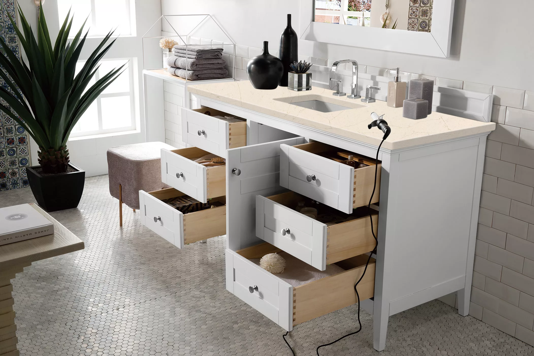 Palisades 60" Single Vanity, Bright White w/ 3 CM Eternal Marfil Quartz Top - Image 4