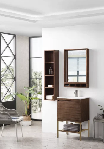 Milan 23.6" Single Vanity, Mid-Century Walnut, Radiant Gold w/ Glossy White Composite Stone Top - Image 3
