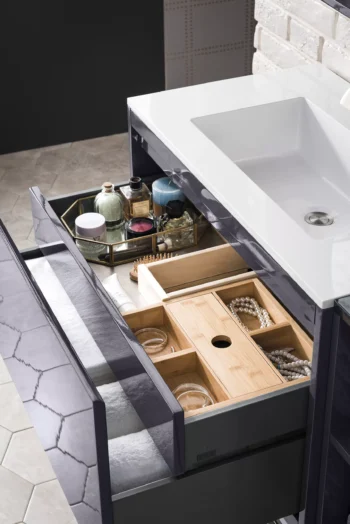 Milan 31.5" Single Vanity, Modern Gray Glossy, Brushed Nickel w/ Glossy White Composite Stone Top - Image 4
