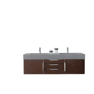 Mercer Island 59″ Double Vanity, Coffee Oak w/ Dusk Grey Glossy Composite Stone Top