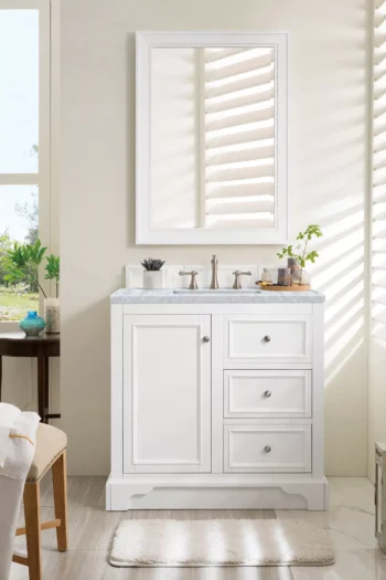 De Soto 36" Single Vanity, Bright White w/ 3 CM Carrara Marble Top - Image 2