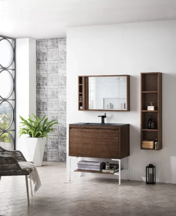 Milan 35.4" Single Vanity, Mid-Century Walnut, Glossy White w/ Charcoal Black Composite Stone Top - Image 3