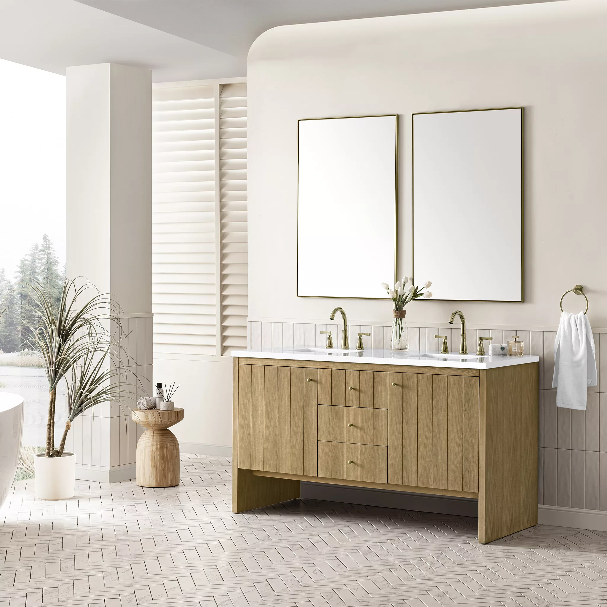 Hudson 60" Double Vanity, Light Natural Oak w/ 3 CM White Zeus Top - Image 4