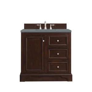De Soto 36″ Single Vanity, Burnished Mahogany w/ 3 CM Cala Blue Top