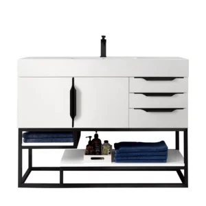 Columbia 48″ Single Vanity, Glossy White, Matte Black w/ Glossy White Composite Stone Top