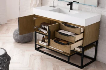 Columbia 48" Single Vanity, Latte Oak, Matte Black w/ Glossy White Composite Stone Top - Image 4