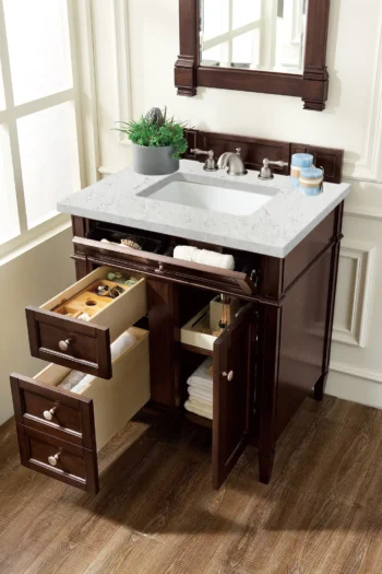 Brittany 30" Single Vanity, Burnished Mahogany, w/ 3 CM Eternal Jasmine Pearl Quartz Top - Image 4