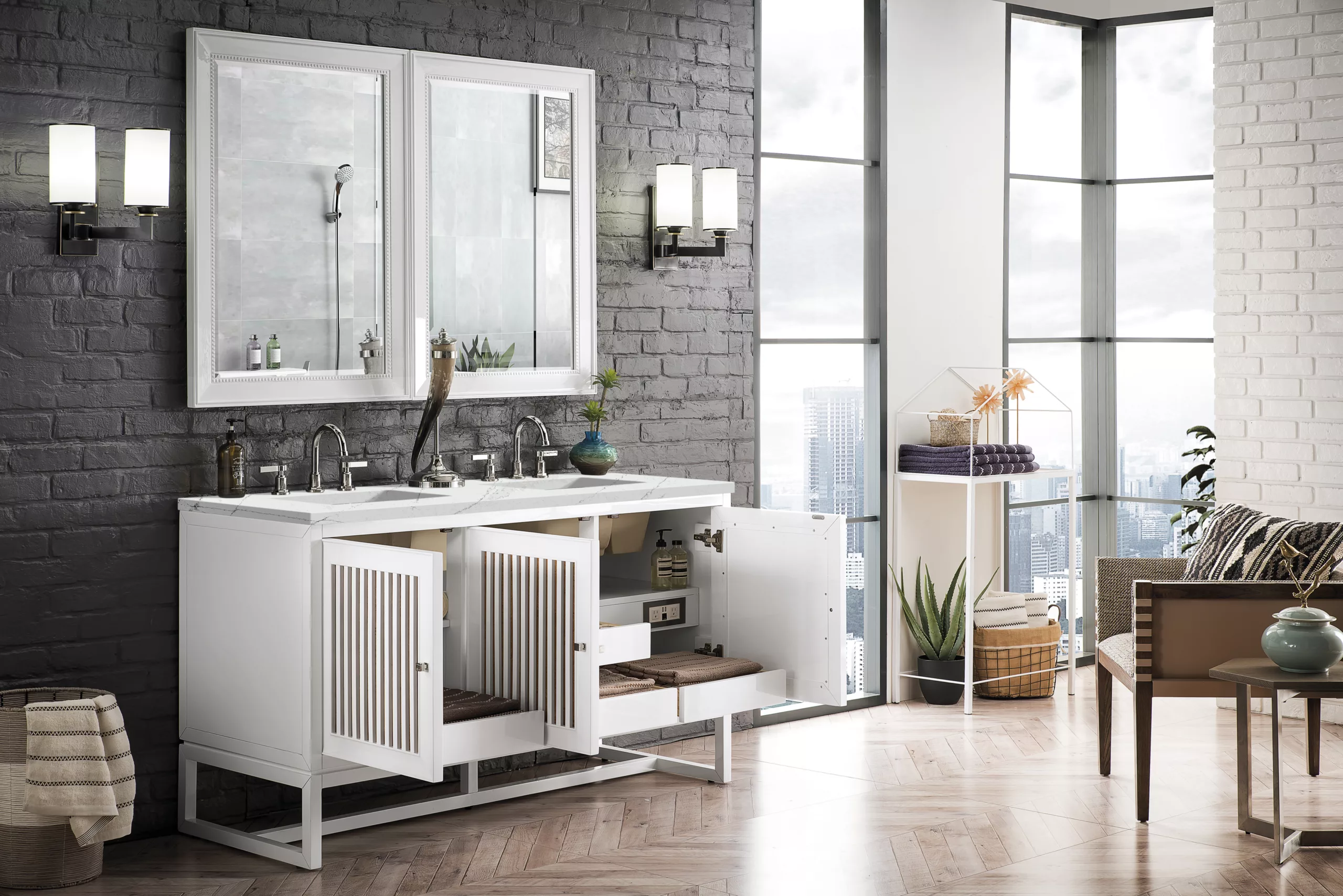 Athens 60" Double Vanity, Glossy White w/ 3 CM Ethereal Noctis Top - Image 3