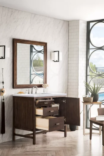 Addison 36" Single Vanity, Mid-Century Acacia w/ 3 CM Arctic Fall Solid Surface Top - Image 3