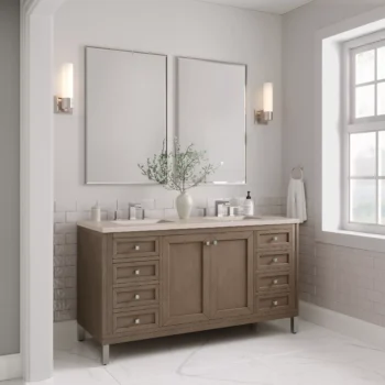 Chicago 60" Double Vanity, Whitewashed Walnut w/ 3 CM Eternal Marfil Quartz Top - Image 4