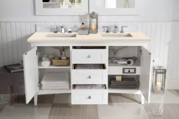 Palisades 60" Double Vanity, Bright White w/ 3 CM Eternal Marfil Quartz Top - Image 4
