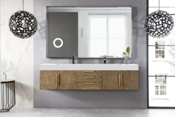 Mercer Island 72" Double Vanity,  Latte Oak, Radiant Gold w/ Glossy White Composite Stone Top - Image 2