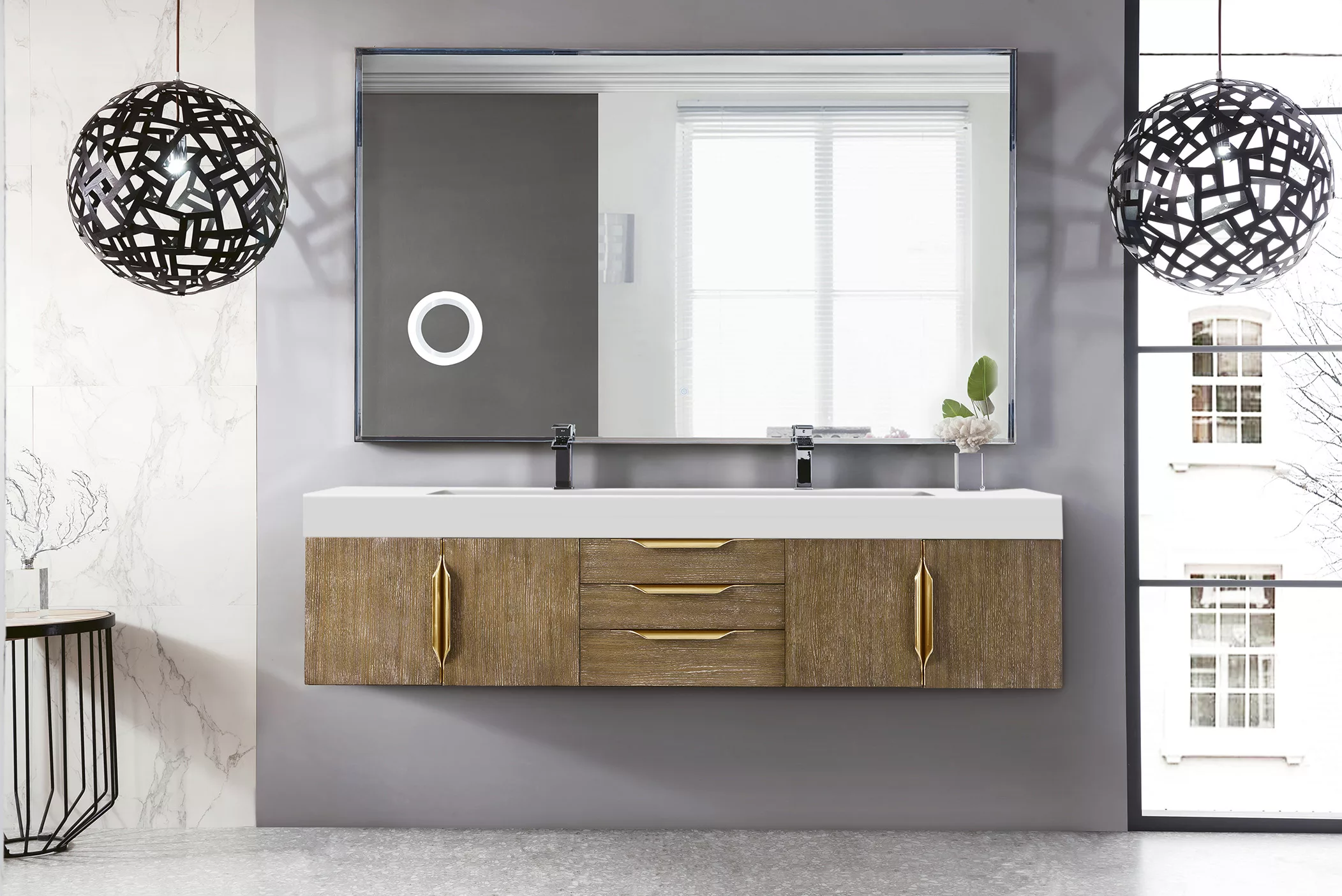 Mercer Island 72" Double Vanity,  Latte Oak, Radiant Gold w/ Glossy White Composite Stone Top - Image 2