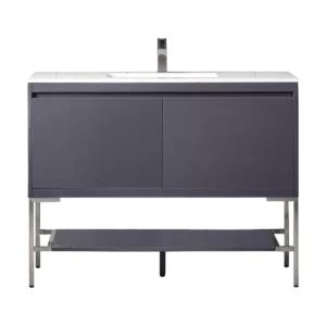 Milan 47.3″ Single Vanity, Modern Gray Glossy, Brushed Nickel w/ Glossy White Composite Stone Top