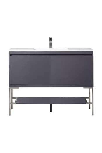 Milan 47.3" Single Vanity, Modern Gray Glossy, Brushed Nickel w/ Glossy White Composite Stone Top
