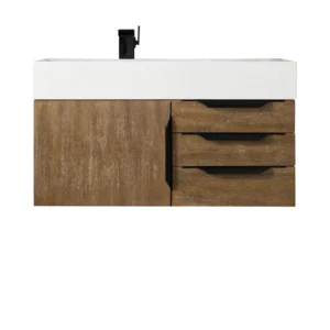 Mercer Island 36″ Single Vanity, Latte Oak, Matte Black w/ Glossy White Composite Stone Top