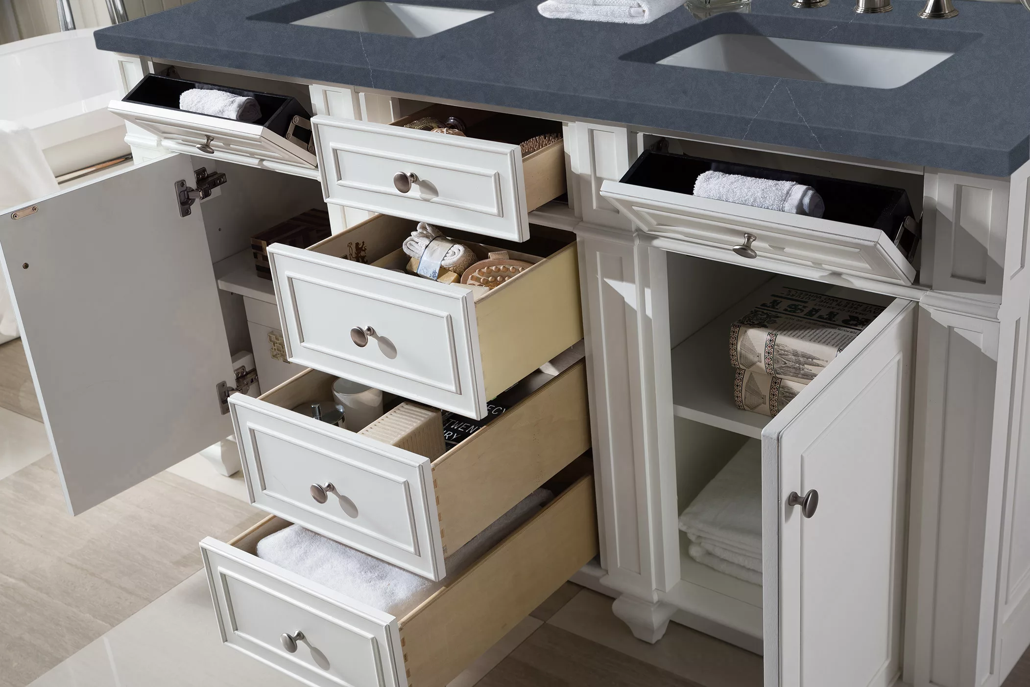 Bristol 60" Double Vanity, Bright White w/ 3 CM Charcoal Soapstone Quartz Top - Image 4