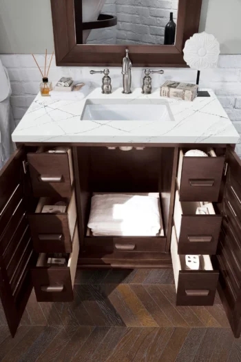 Portland 36" Single Vanity, Burnished Mahogany w/ 3 CM Ethereal Noctis Quartz Top - Image 4
