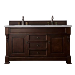 Brookfield 60″ Double Vanity, Burnished Mahogany w/ 3 CM Eternal Serena Quartz Top