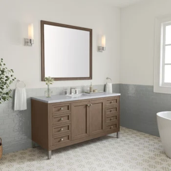 Chicago 60" Single Vanity, Whitewashed Walnut w/ 3 CM Carrara Marble Top - Image 4