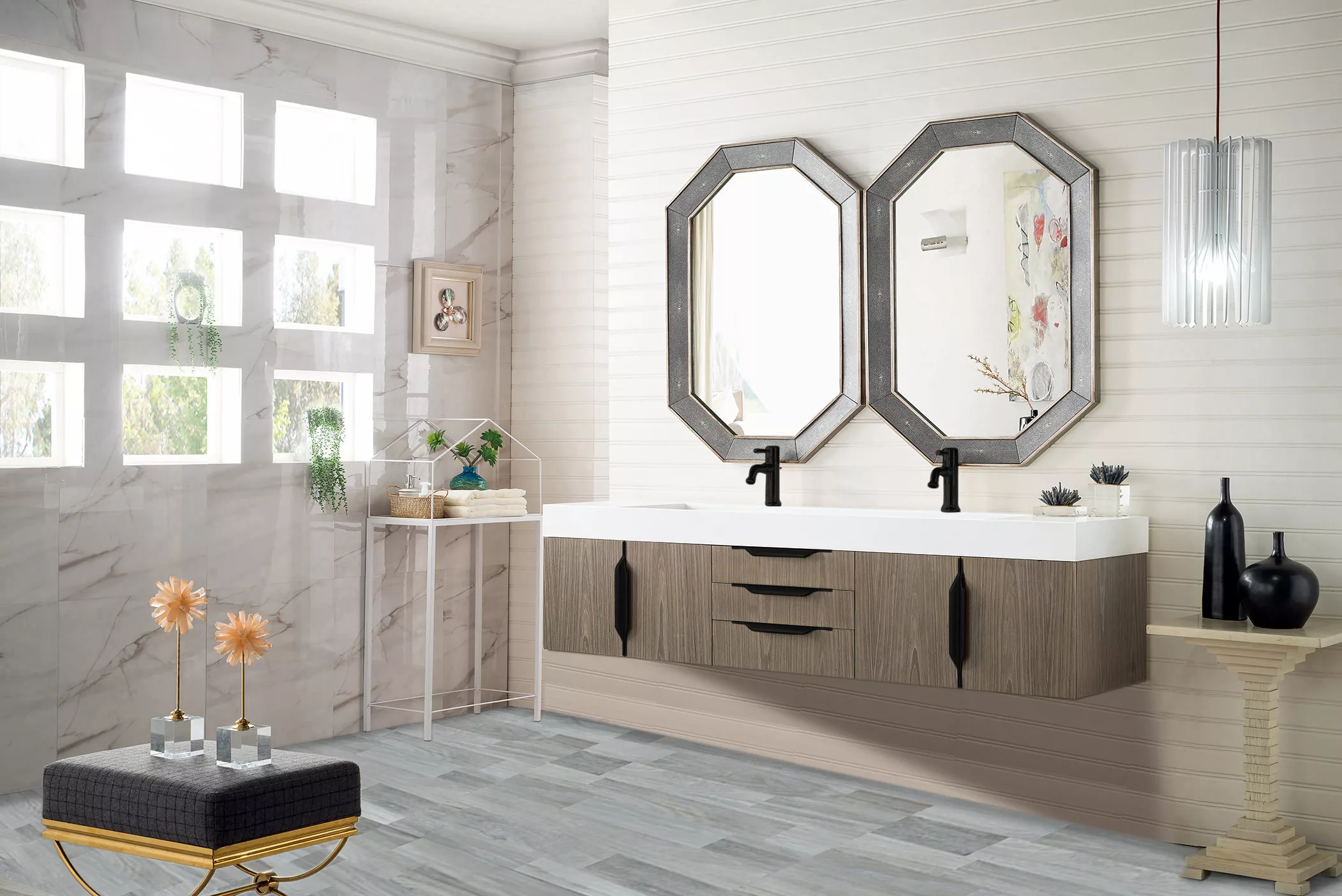 Mercer Island 72" Double Vanity, Ash Gray, Matte Black w/ Glossy White Composite Stone Top - Image 2